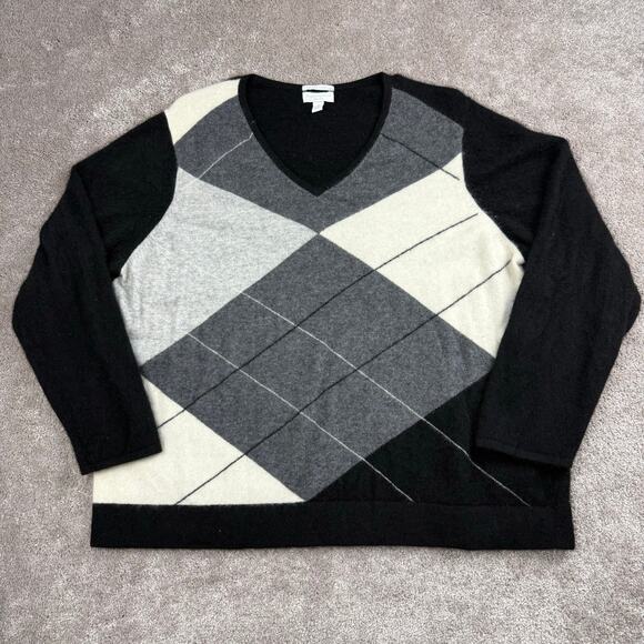 Black Cashmere Pullover Sweater Size 3X Gray Cream V-Neck Luxury Charter Club - Picture 1 of 4